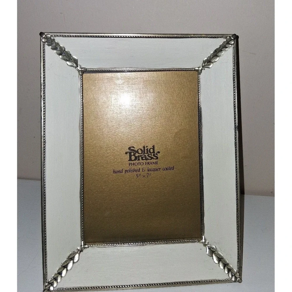 Vintage Solid Brass 5x7 Photo Frame Silver Tone Leaf Hollywood Regency Easel